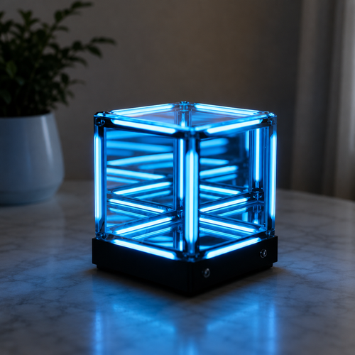 Infinity mirror cube lamp showing 3 color modes warm white cool white and blue light USB powered adjustable brightness desktop lamp