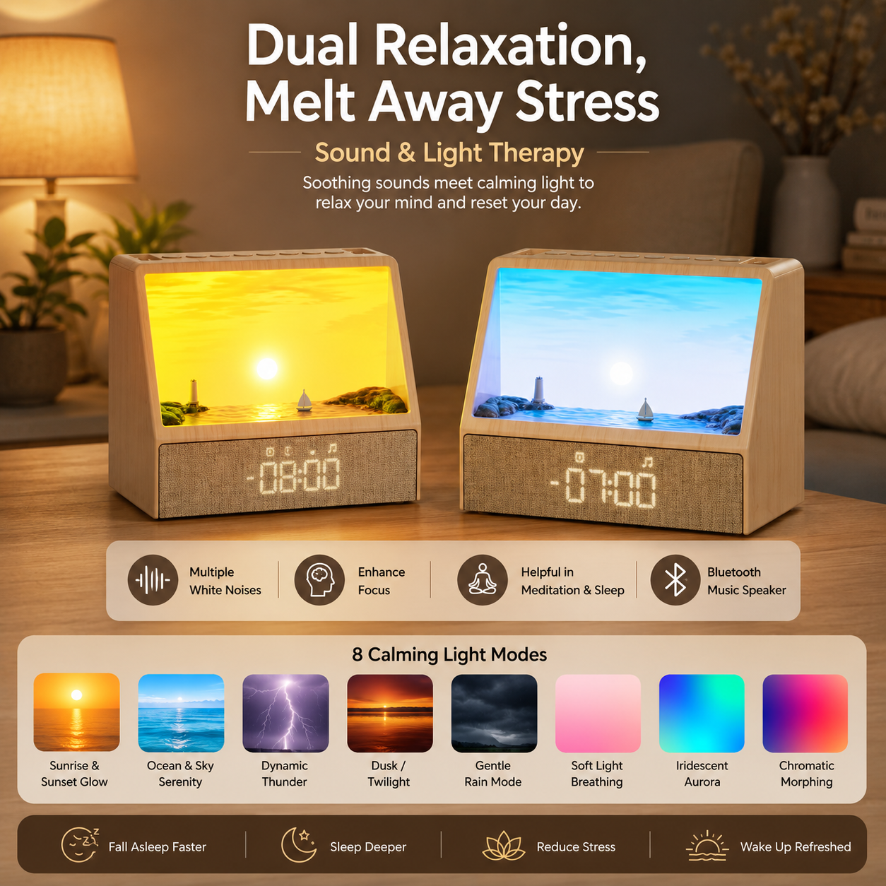 Sunrise wake up light alarm clock with remote control USB 5V power FCC and Bluetooth certified white noise sleep aid for adults kids