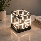 4D infinity mirror cube night light showing deep recursive LED tunnel illusion on gaming desk futuristic cyberpunk room decor