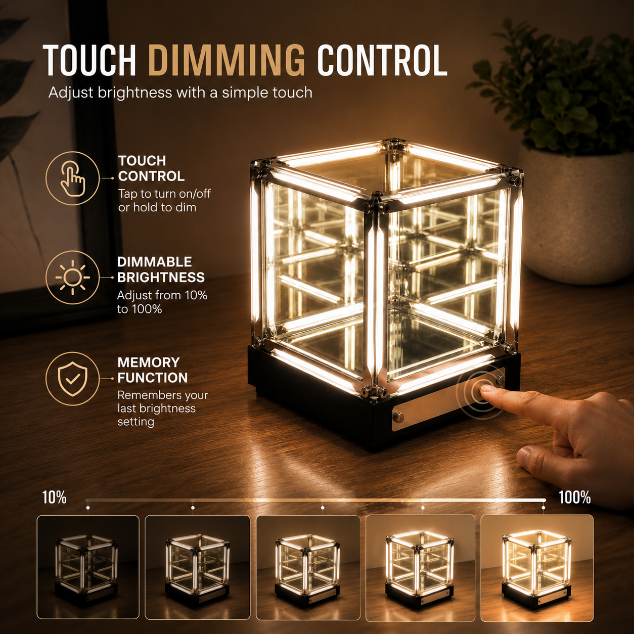 Close up of 4D hypercube LED infinity mirror tunnel illusion showing endless recursive light depth effect cyberpunk sci fi decor