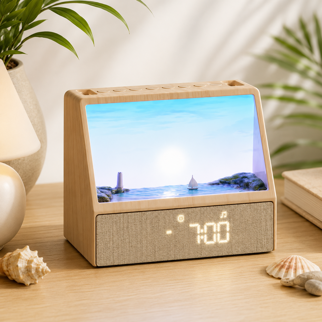 Sunrise alarm clock with Bluetooth speaker and white noise machine glowing warm light on bedside table bedroom sleep aid gift