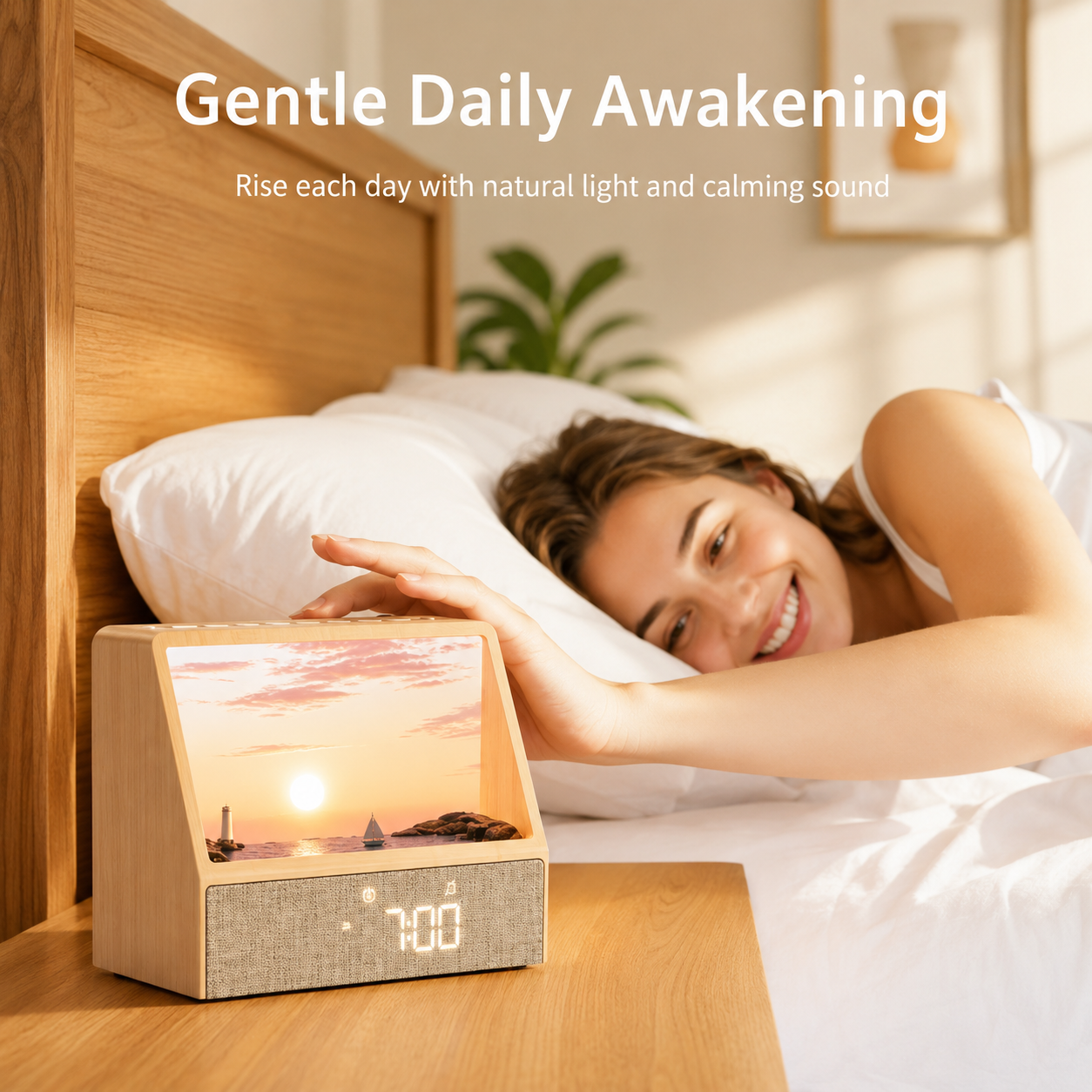 Sunrise alarm clock showing animated sunrise simulation mode gradual warm to bright light bedroom wake up light for heavy sleepers