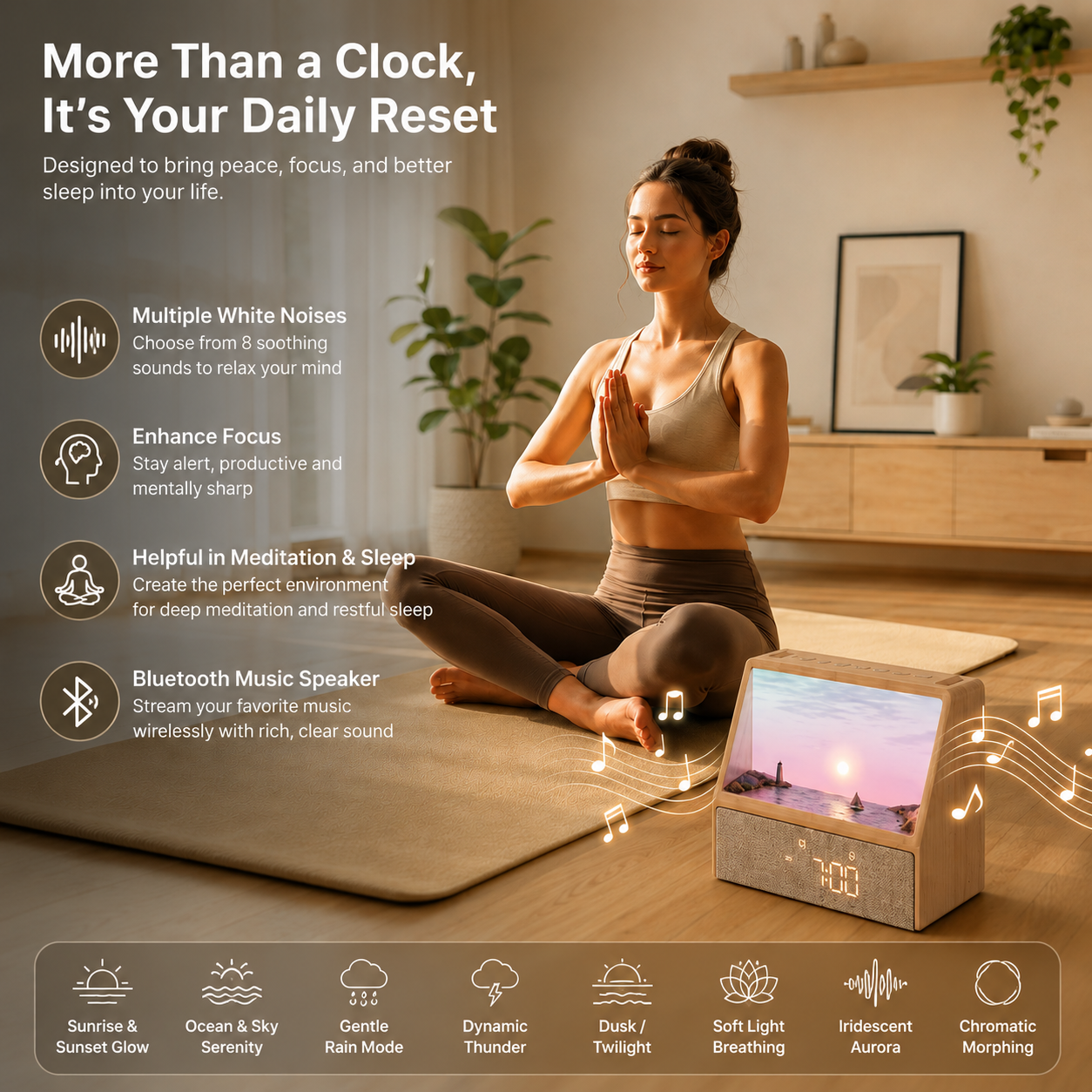 Sunrise alarm clock with Bluetooth connectivity multiple natural sounds FM radio and 45 90 minute sleep timer remote control